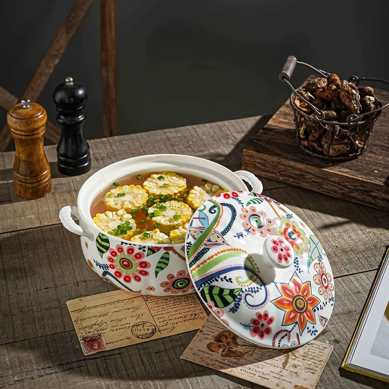 Traditional Chinese Style Soup Pot with Double Handles, featuring a Floral Pattern and Lid, made of Ceramic