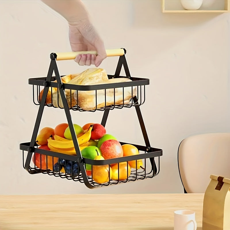 1pc 2/3tier storage basket with drain basket and removable wire basket with wooden handle for bathroom and kitchen storage