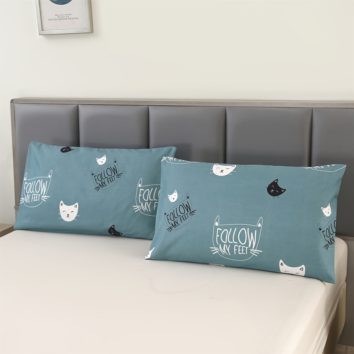 Pair of 2 Cat Print Decorative Pillowcases made from 100% polyester sanded fabric. These lightweight woven pillow covers are machine washable and feature flat net printing, perfect for adding a cute touch to your bedroom. Please note that these