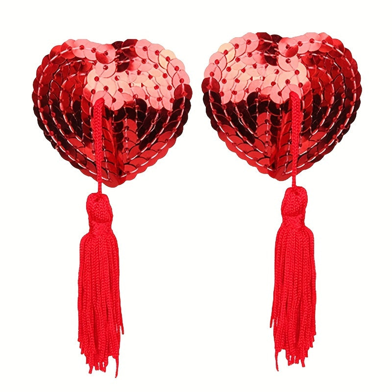 1 Pair of Heart-shaped Silicone Breast Stickers and Tassel Sequin Nipple Stickers.