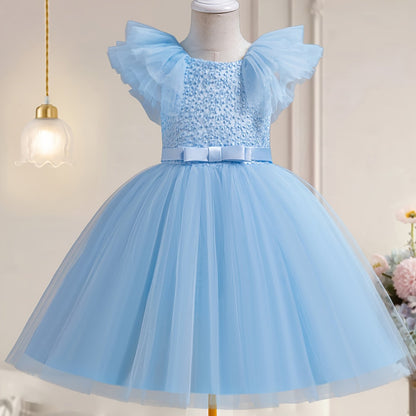 Elegant sleeveless tulle tutu party dress for girls, perfect for weddings and birthdays, made of 65% polyester and 35% viscose with a bow detail.