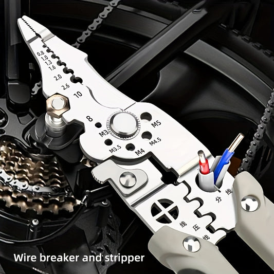 Durable metal construction 8-in-1 wire stripper pliers for electricians, with cable cutter, wire crimper, screw sizing, nail extractor, and branching slot.