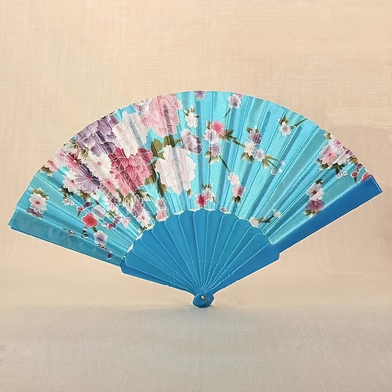 Silk fabric foldable fan for women - suitable for dancing, gifting, square dancing, or as an antique fan - made of high-quality plastic material.