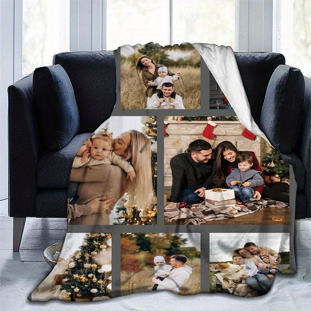 Customize your cozy flannel blanket with a personal photo! This soft and warm memory blanket is perfect for couples or families and is ideal for use in the office, bed, sofa, armchair, napping, camping, or travel. The machine washable blanket features a