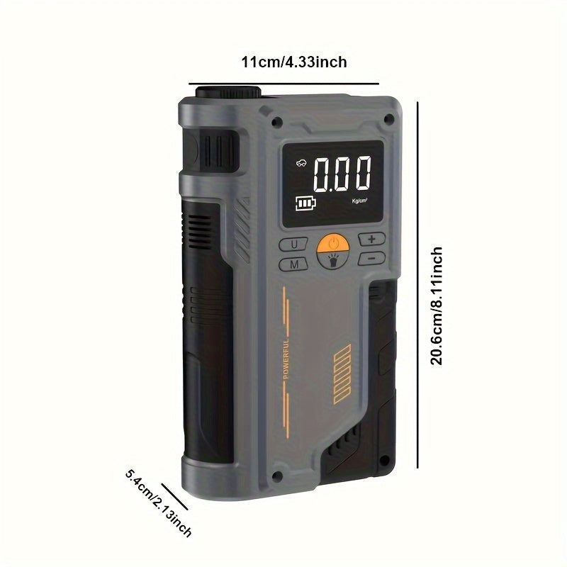 8000mAh portable car jump starter with tire inflator, air compressor, LED display, light, and dual USB/battery power. Suitable for use with cars, motorcycles, bikes, and at festivals.