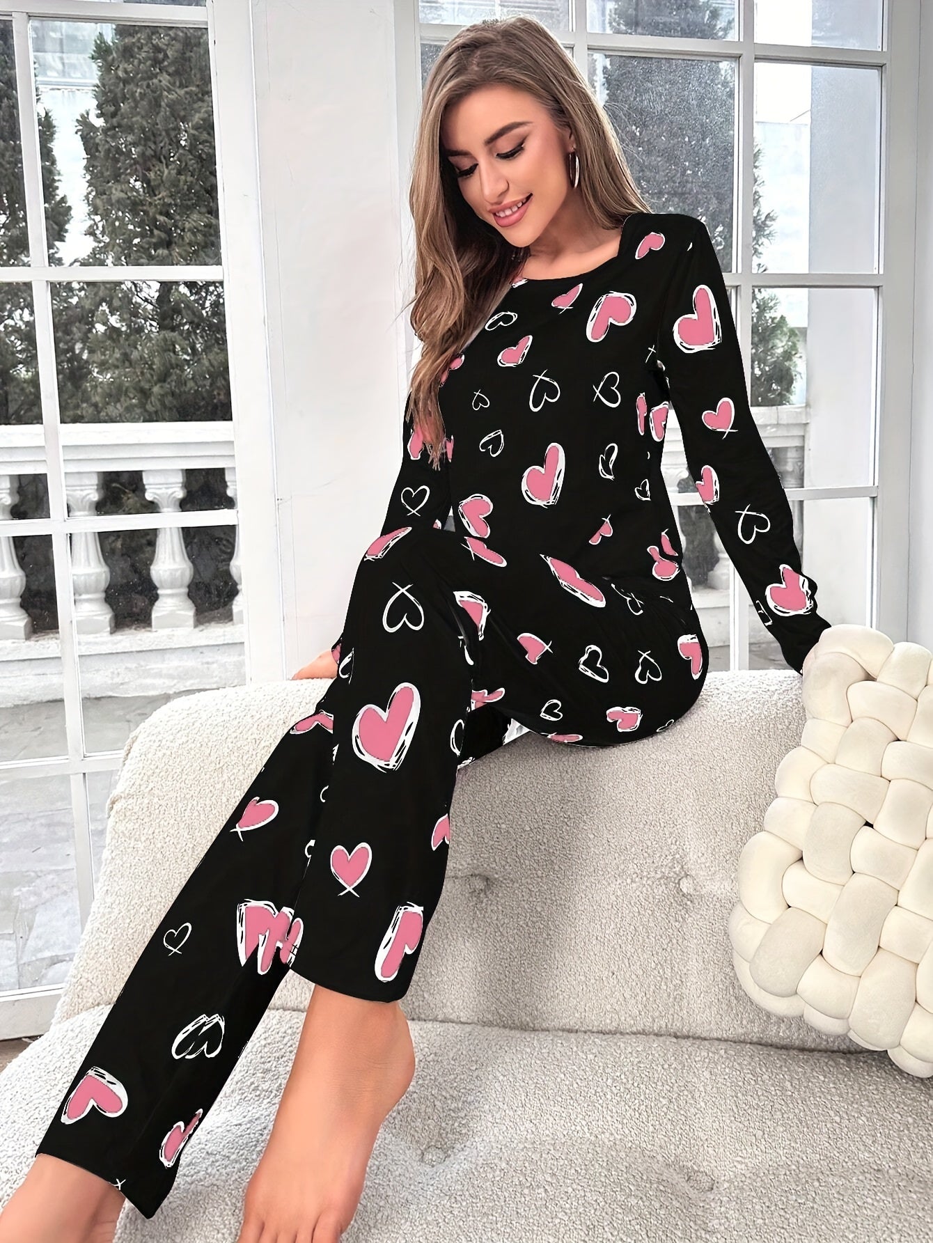 Heart print pajama set for women - cozy knit fabric with stretch - crew neck top and pants loungewear for all-season comfort.