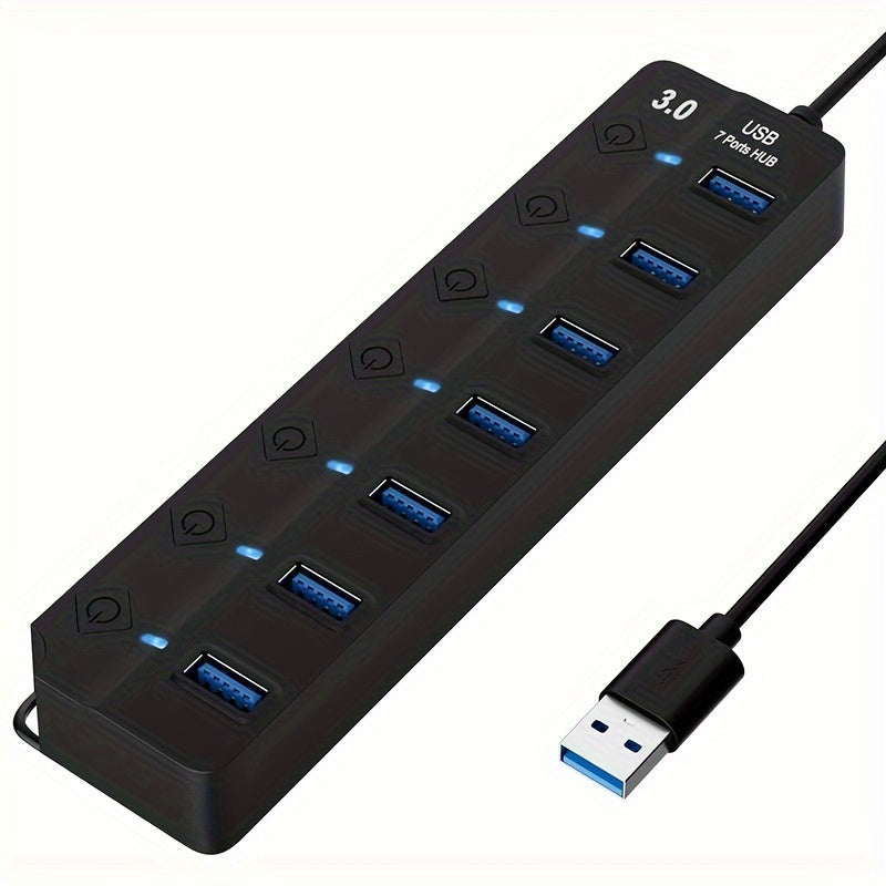 Compact 7-Port USB 3.0 Hub with LED Indicators, On/Off Switches, Extension Cable - High-Speed Data Transfer, Portable Design for various devices - Black