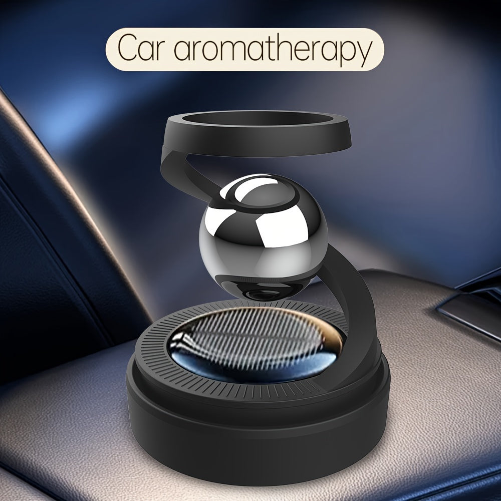 Solar-powered car aromatherapy diffuser rotates, creates long-lasting fragrance, and is compatible with various aromatherapy products.