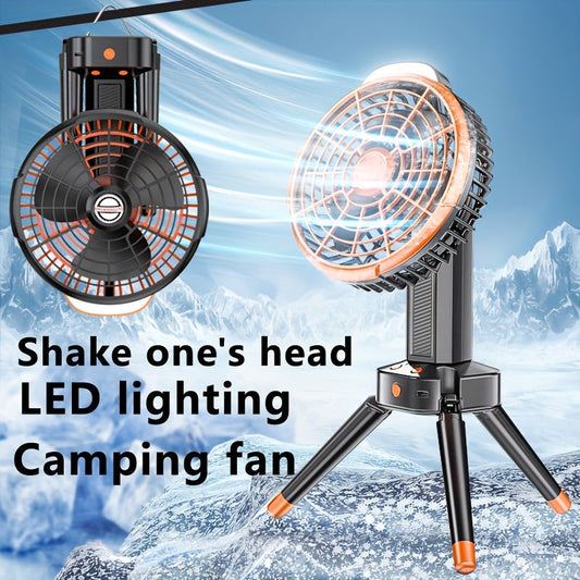 Compact and quiet portable camping fan with auto-oscillation, USB rechargeable and built-in battery for use at home, office, or outdoors.