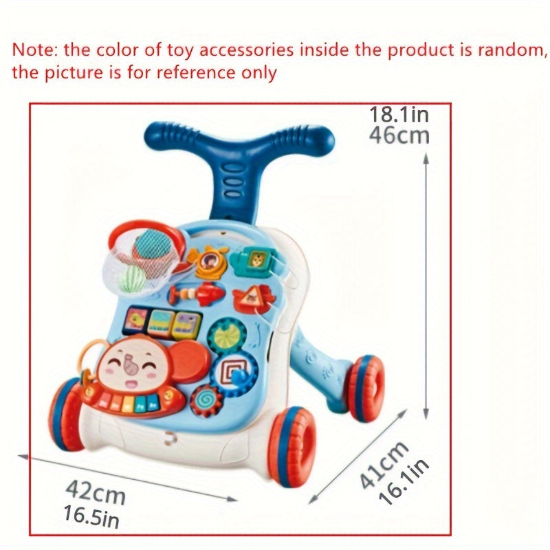 1 push walker toy set with music, gliding capabilities, anti-tumble feature, and multiple functions. Batteries not included. Color of internal toy accessories varies.