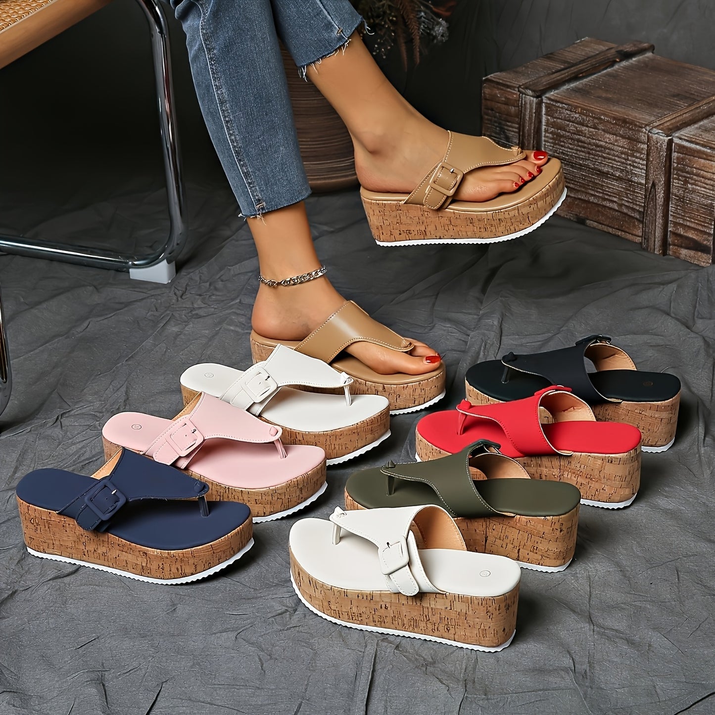 Women's vintage style platform sandals, all-season mid heel flip flops with clip toe, slip-on design, comfortable man-made materials with PU sole.