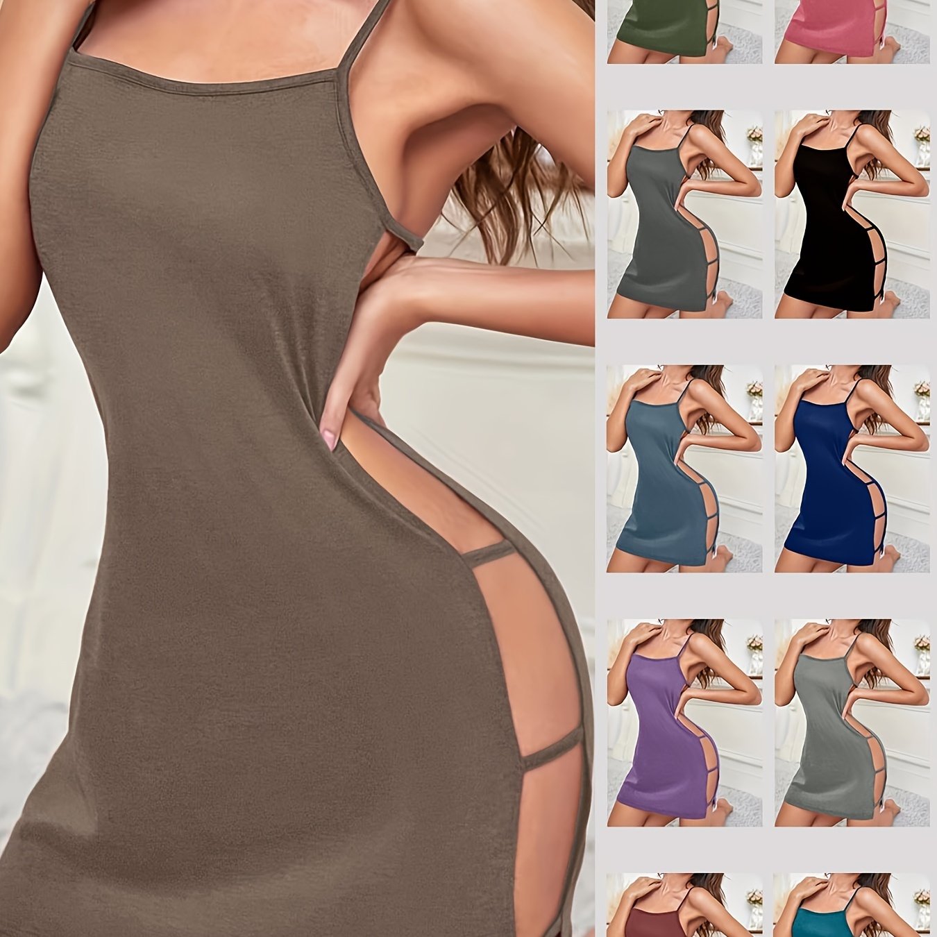 Seductive nightgown with backless round neck and side cutouts, perfect for women's sleepwear.