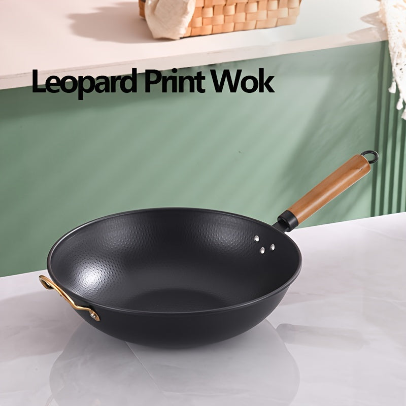 Traditional Wok Pan with Wooden Handle, 34.98cm, Non-Stick, Flat Bottom, Suitable for Induction & Gas Stove, Versatile Stir-Fry Pan