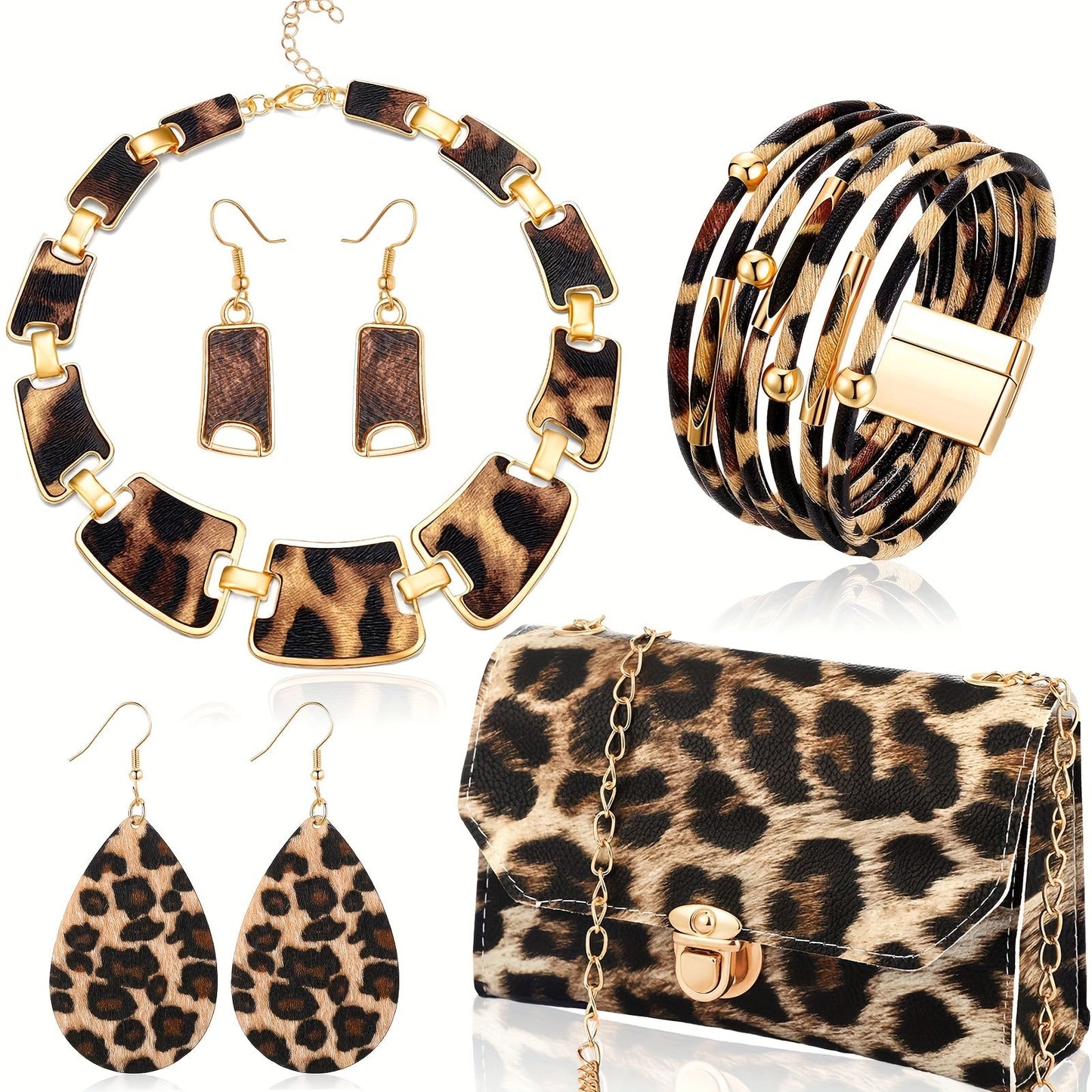 Set of 5 Leopard Print Jewelry Pieces for Women - Stylish Plastic Accessories with Tassel Necklace, Earrings, Bracelet, Clutch Purse - Perfect for Everyday and Travel Outfits