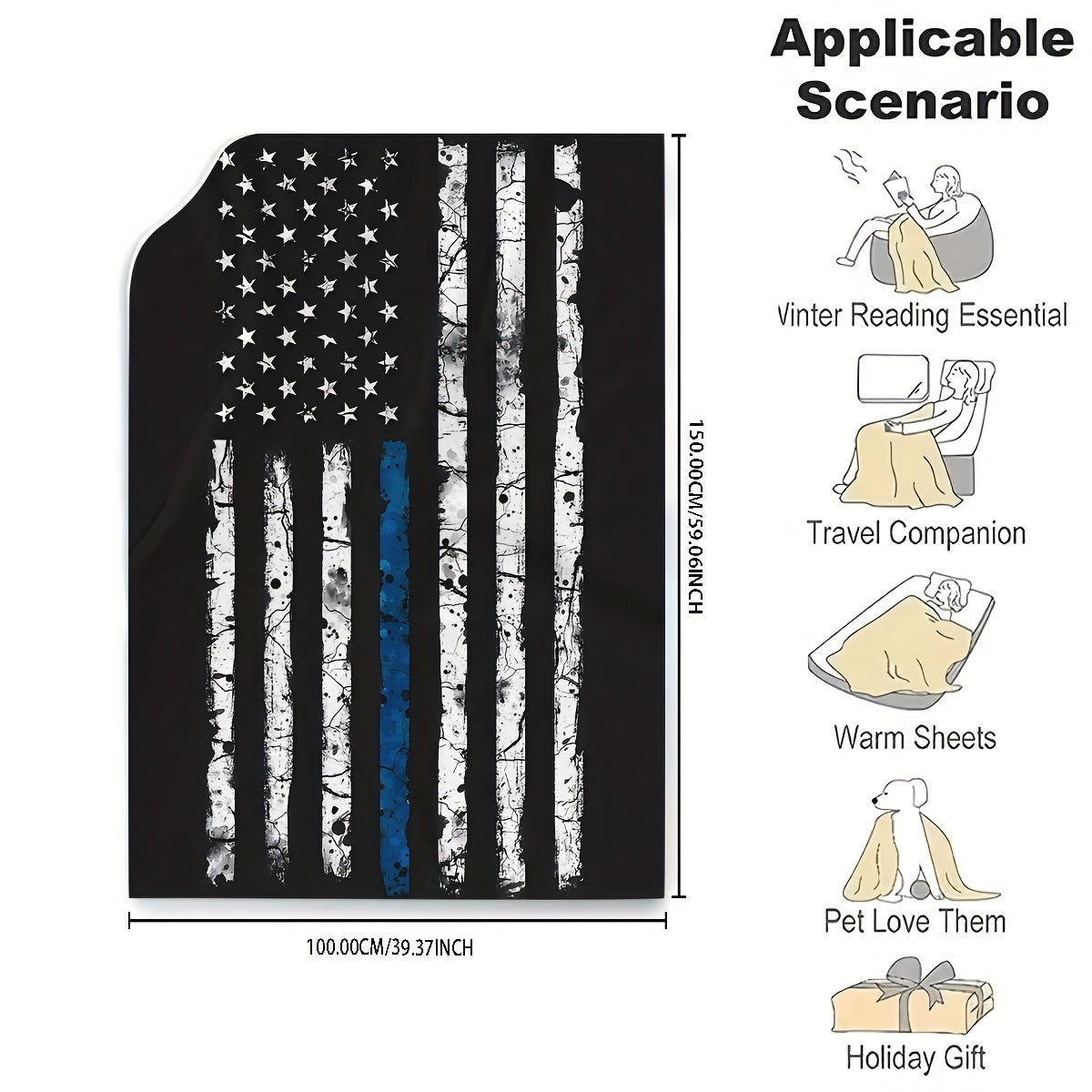 One Thin Blue Line American Flag Flannel Print Throw Blanket, Suitable for All Seasons, Easy to Clean in Washing Machine, Modern Design, Versatile Use, Made of Soft Fabric, Weighing 200-250g, Ideal for Bedroom, Living Room, or Sofa, Great Gift Option.