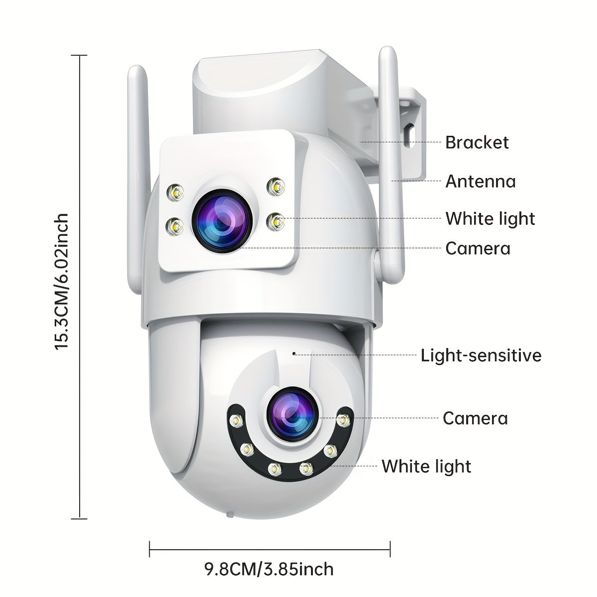 The JOOAN Dual Lens WiFi Security Camera offers PTZ Technology and HD Resolution, with Nightvision for clear imaging in low light. It features Two-Way Audio, Motion Detection, and is suitable for Indoor Use, with the option to wall hang. Smartphone