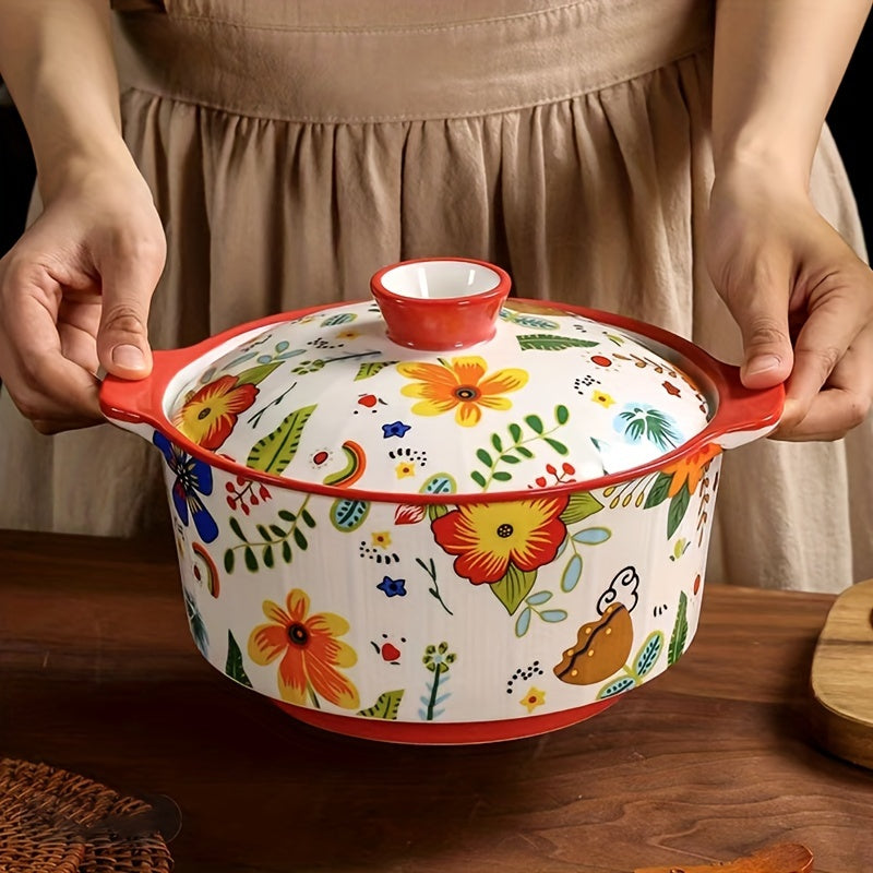 This generously-sized ceramic soup tureen comes complete with a convenient lid and sturdy handles, making it an ideal choice for preparing delicious home-cooked meals.