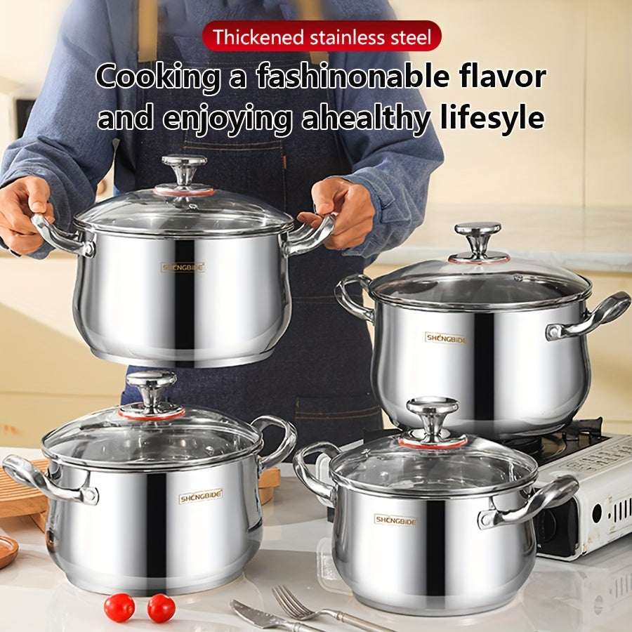 8-Piece Stainless Steel Cookware Set - Multi-functional Kitchen Pots with Lids, Deep Soup Pots featuring Double Handles for Home and Restaurant Cooking. Works with Induction and Gas Stoves, perfect for preparing Soup, Hotpot, Noodles, Pasta, and Seafood