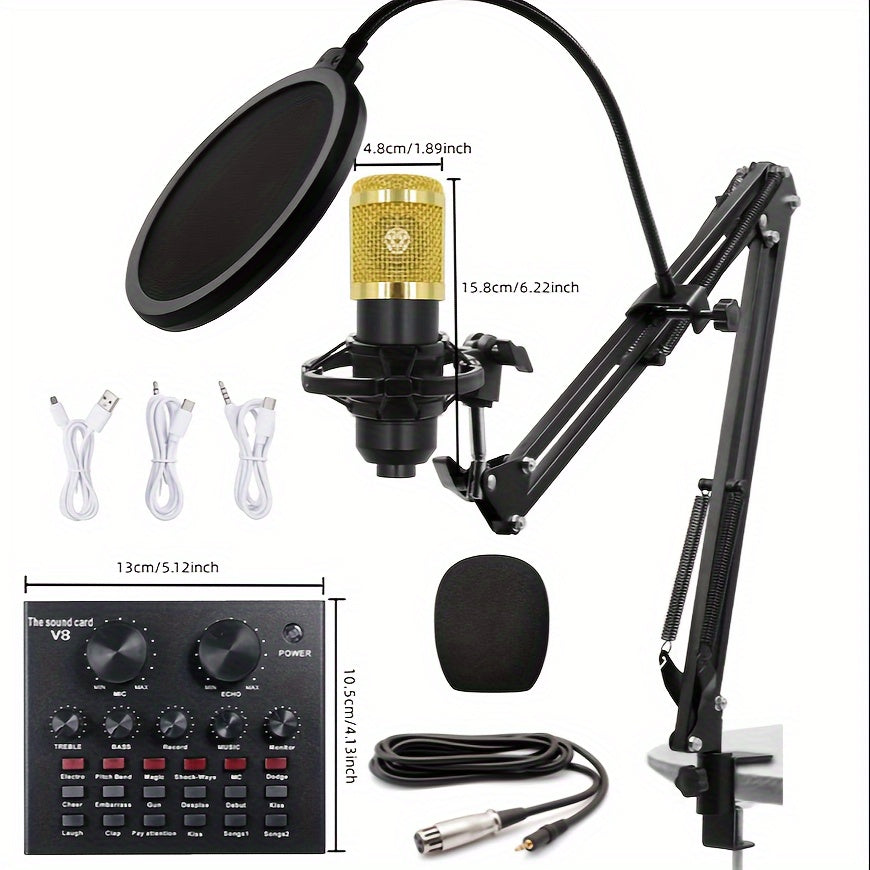 Complete set for recording on mobile phones and laptops, ideal for KTV singing and live streaming with a high-quality black condenser studio microphone, suspension arm, and pop filter.