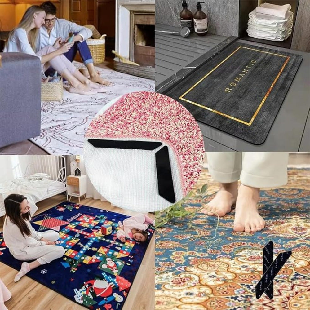 One set of reusable PET non-slip carpet adhesive strips, perfect for securing rugs and preventing slips. These strips are washable, leave no residue, and can be cut into customizable shapes. Ideal for use in offices, bedrooms, and any room in the house.