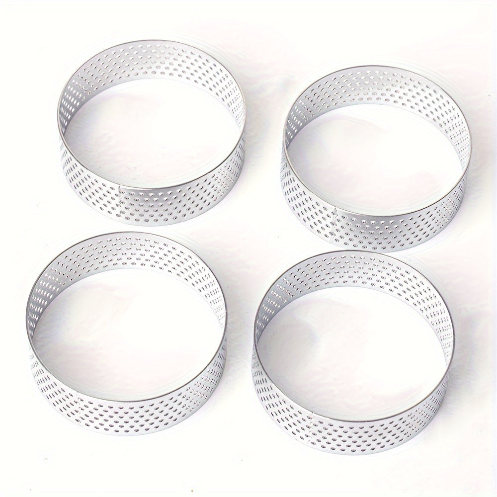 Set of 2, 4, 6, or 12 Stainless Steel Round Tart Rings with Perforated Design for Baking Cheesecake, Cookies, and Pastries during the Christmas Holiday Season