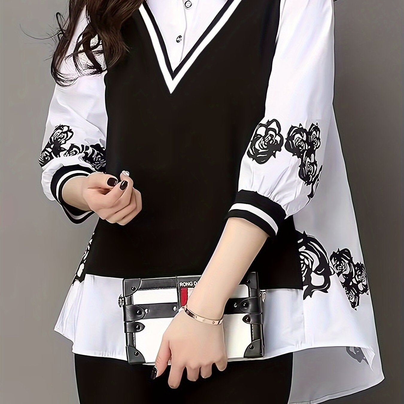 Stylish white and black chiffon shirt with random print design, featuring a unique fake two-piece design for a high-end look.