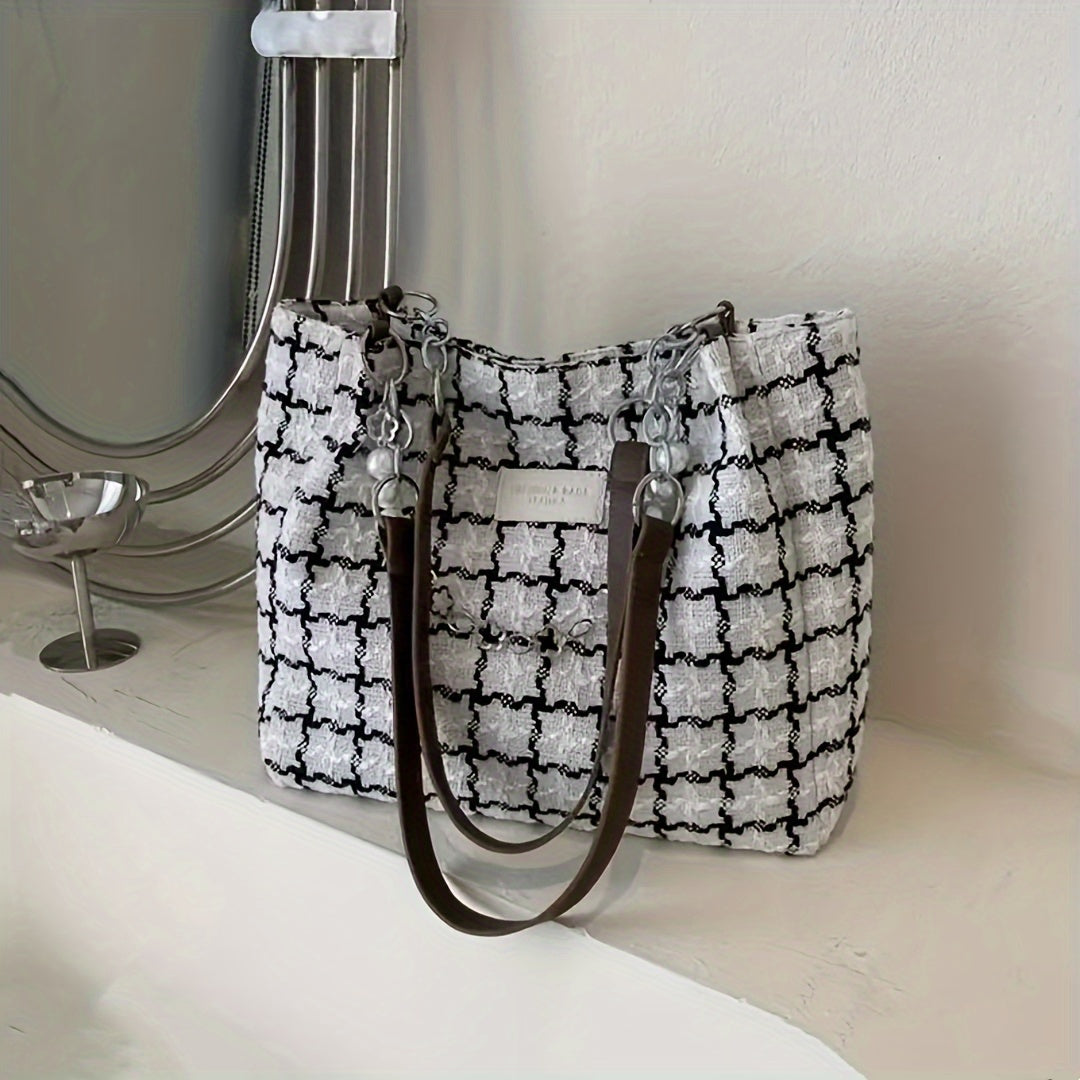 Plaid bucket bag with faux pearl chain, elegant shoulder bag for women.