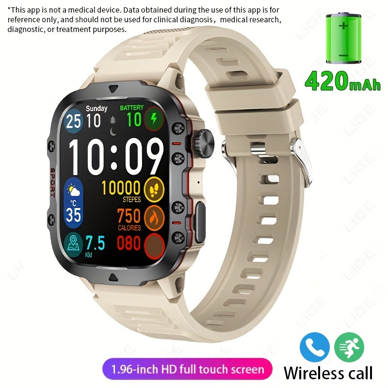 LIGE Men's Smart Watch features Voice Assistant, IP67 Water Resistance, Sports Strap, 100+ Exercise Modes, Rechargeable Battery, Weather and Flashlight Features, Alarm Clock, Calculator, Zinc Alloy Case, and USB/Battery Power.