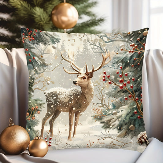 Contemporary style Christmas throw pillow cover with winter deer and snow scene design. Hand washable and suitable for various room types. Size: 44.96 x 44.96 cm. Made of digital print polyester. 1pc included.