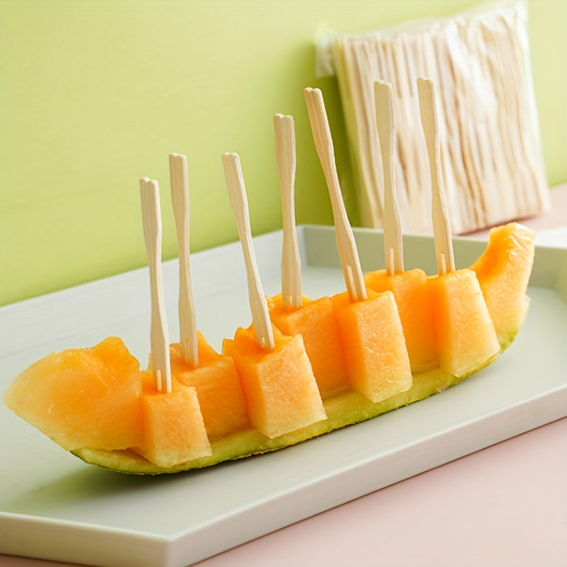 100 bamboo fruit forks ideal for weddings, birthdays, and parties, great for desserts, cocktails, and home decor.