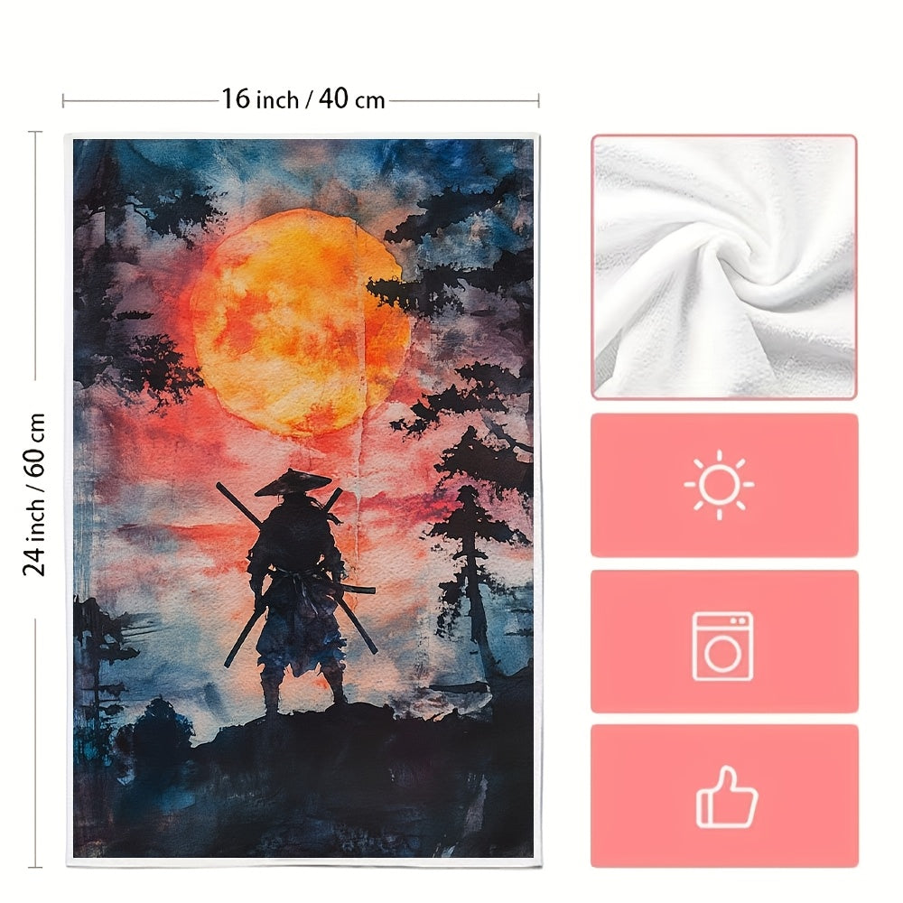 Set of 2 Ultra Soft Kitchen Towels featuring Sunset Samurai Design, Perfect for Drying Dishes - Highly Absorbent & Easy to Clean, Size 40.64x60.96 cm - Vibrant Japanese-Inspired Decor for Home & Kitchen, Dish Hand Towels