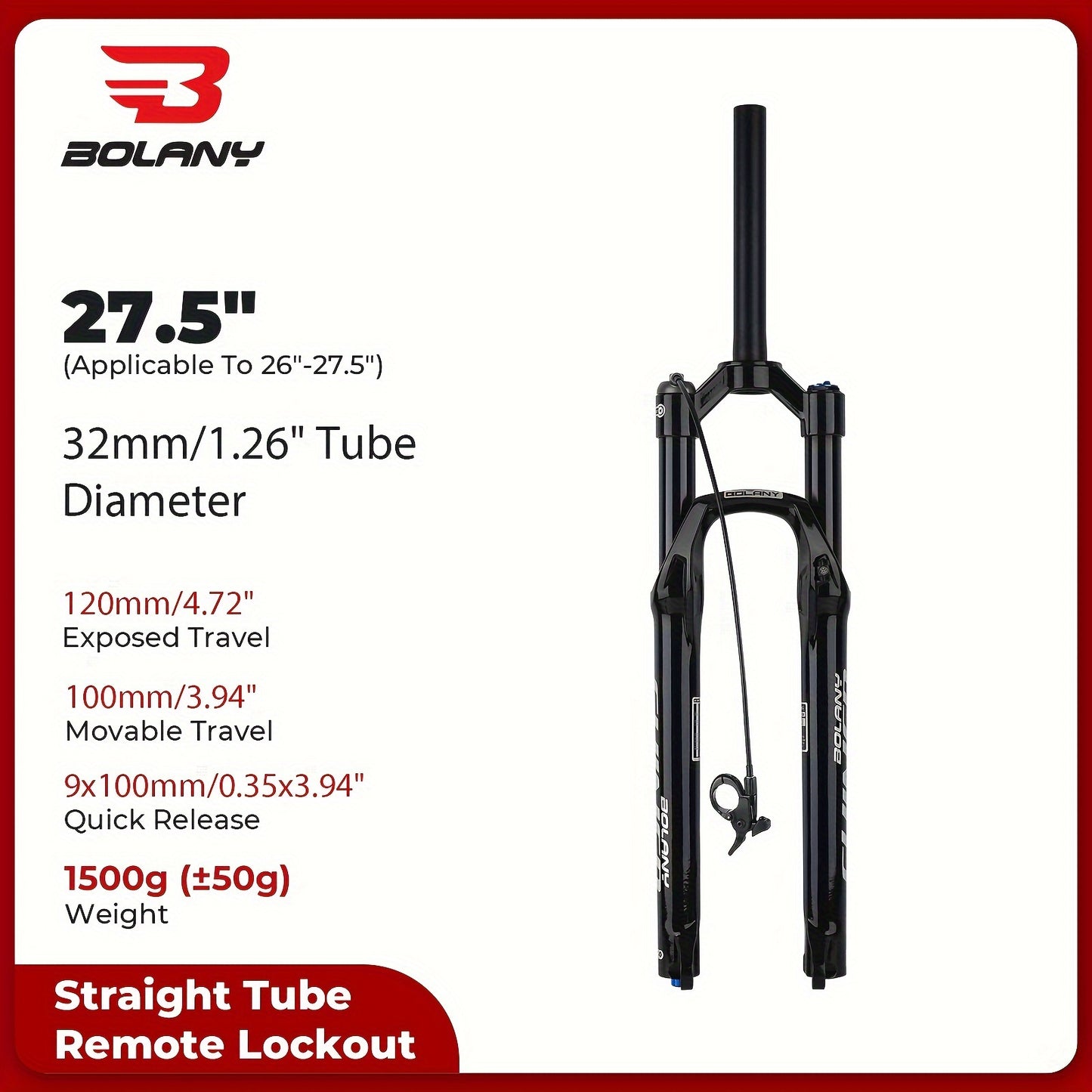 BOLANY Mountain Bike Air Suspension Fork - Lightweight aluminum alloy with 120mm travel, universal fit, quick release 9x100mm, black (1 Pack)