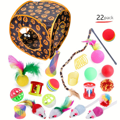 22-piece cat toy set with tunnel, crinkle balls, feathers, and playballs for interactive play, perfect for indoor cats.