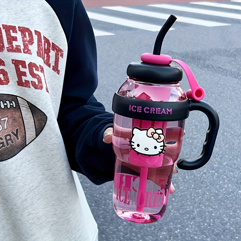 Большая бутылка для воды Sanrio Hello Kitty со straw, идеальная для спорта, офиса, кемпинга, дома и школы. Изготовлена из термостойкого PET-пластика.