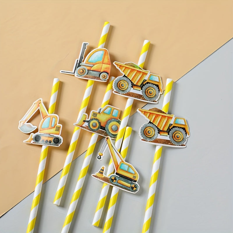 Set of 6 Construction-Themed Paper Straws featuring Yellow Striped Engineer Vehicles - Perfect for Birthday Parties, Baby Showers, Graduations, and Gender Reveals. Decorate your cups with Cartoon Trucks, Excavators, and Cranes!