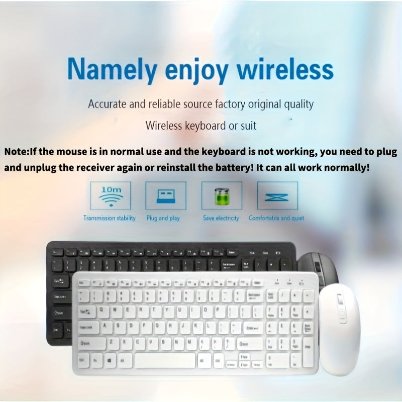 2.4G Wireless Keyboard and Mouse Combo with slim design, ergonomic optical mouse, ABS material, without charging function, compatible with PCs.