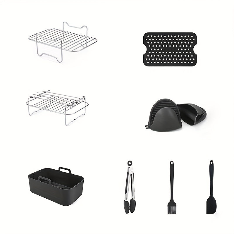 Air Fryer Accessories Set - Includes Tools/Rack for Most Dual Basket Air Fryer Models (7.6-9.6L), Oven Accessories, Air Fryer Liners, Multi-Layer/Skewer Rack, Metal Holder, Tongs, Brushes, and Oven Gloves