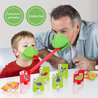 Interactive frog tongue-action game set for kids aged 3-6 includes masks, tongues, target sheets, and numbered tiles. Educational board game made of plastic for 2-4 players.