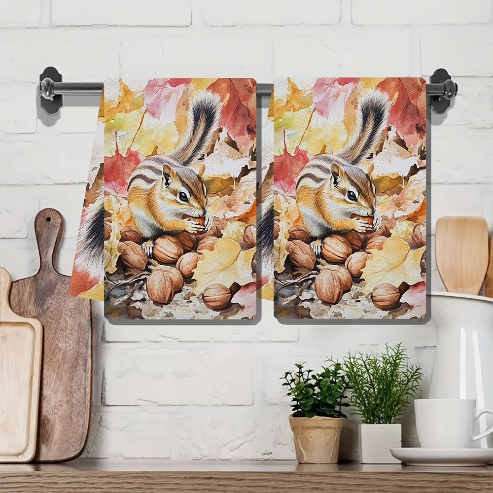 Set of 2 Ultra Soft Kitchen Towels featuring Chipmunk & Autumn Nuts Design. These Highly Absorbent & Quick-Dry Dish Hand Towels are Machine Washable and measure 40.64x60.96 cm. Ideal for Holiday Decor and as Dish Towels.