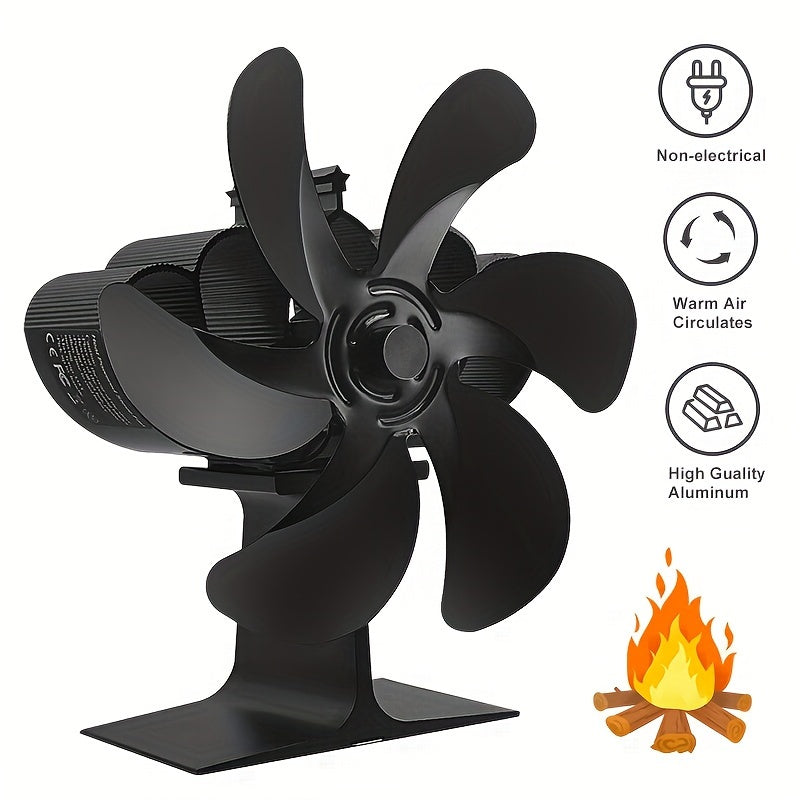 One piece 6-blade stove fan designed to efficiently distribute heat for wood, log, and pellet stoves and fireplaces. This portable thermoelectric fan serves as an air circulator and heat-powered exhaust fan.