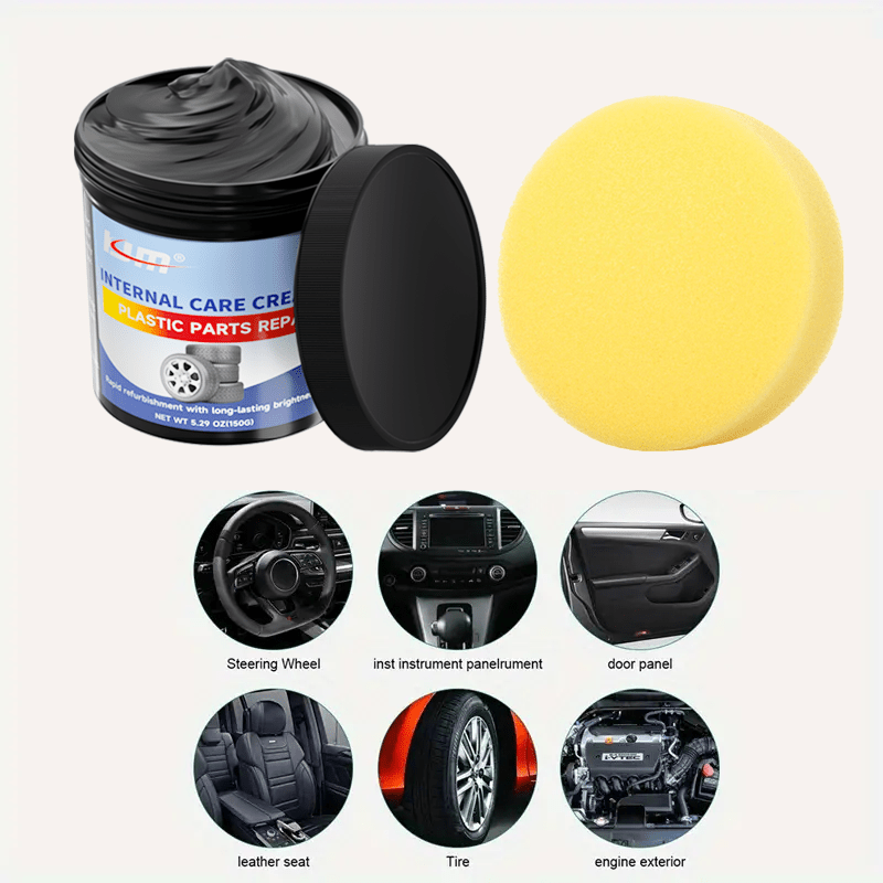 Car detailing repair solution for plastic part refurbishment and tire shine maintenance, providing added luster and anti-aging protection. Suitable for various vehicle types. 5.29 oz (150g)