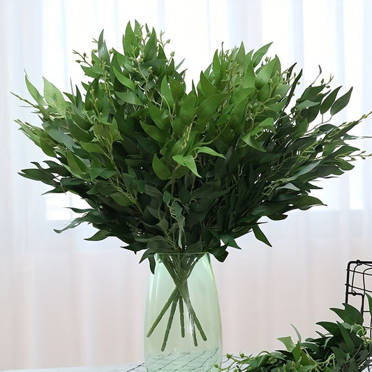 Realistic fabric willow leaf bouquet for weddings, engagements, and home decor – no batteries needed.