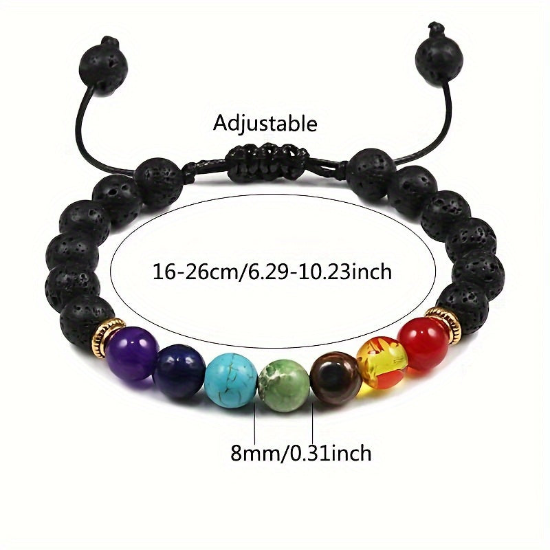 Adjustable stretch bracelet made of natural lava rock beads with 7 chakras healing properties, featuring a simple tribal style. Perfect for daily wear or special occasions to promote balance and meditation.