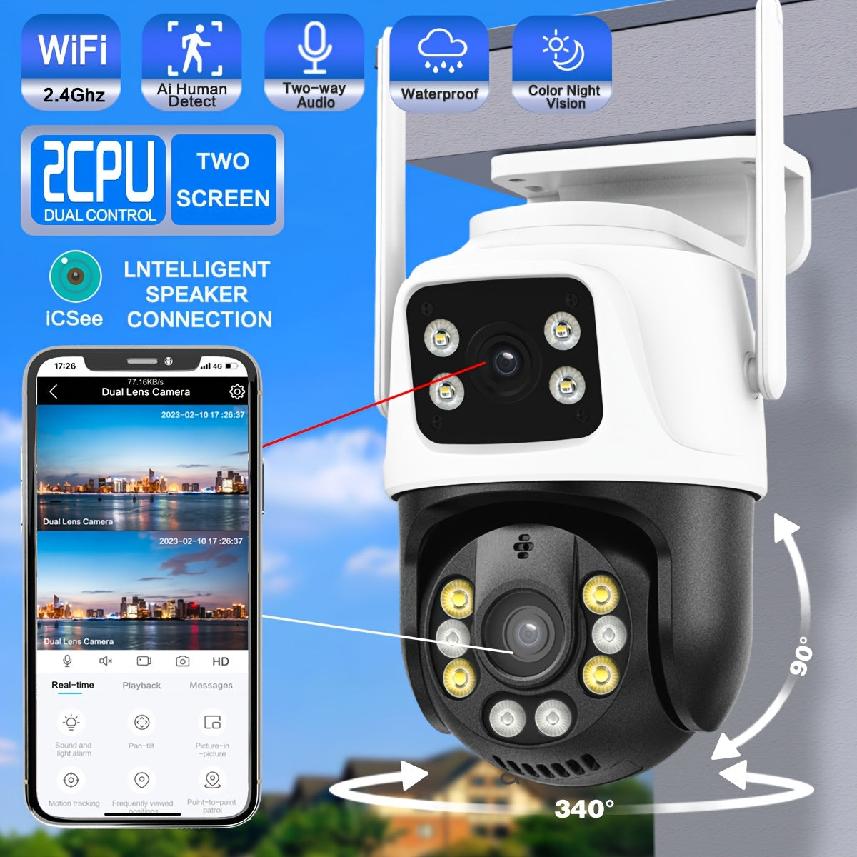 1 x 4K 8MP WiFi Security Camera with 2 x 4MP Lenses, Total 8MP Dual Lens 2.4GHz Wireless IP Camera for Home Security. Features include AI Human Tracking, Color Night Vision, Two-way Audio