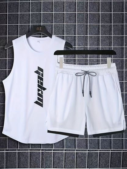 Men's 2-piece outfit with letter print tank top and loose basketball shorts.