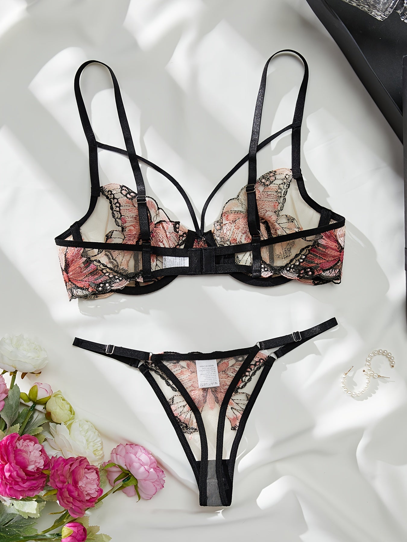 Women's Strappy Butterfly Embroidery Lingerie Set