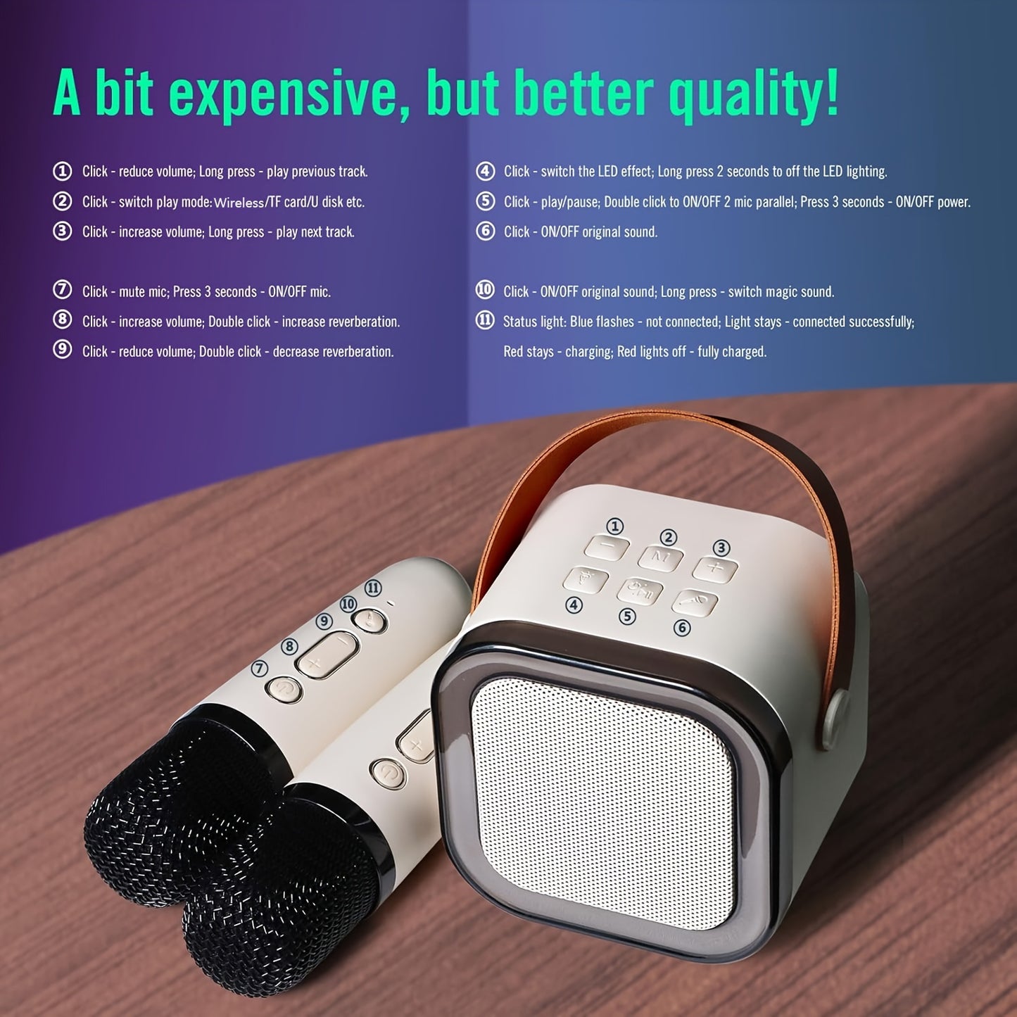 Portable wireless karaoke speaker with 1-2 microphones, dynamic lights, ideal for birthdays, home KTV, outdoor activities, and travel.