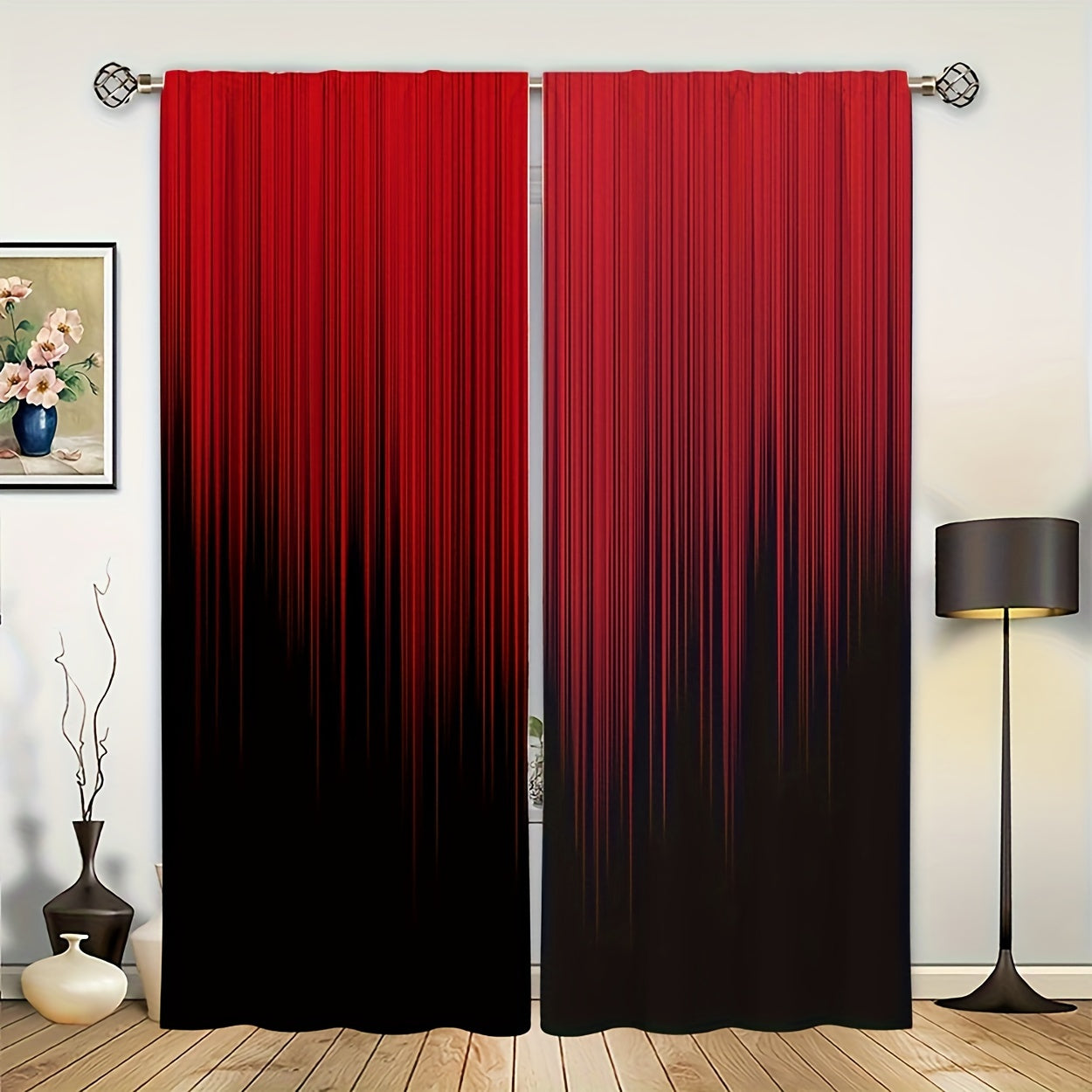 Set of 2 Polyester Red Black Gradient Stripe Design Printed Curtains, Perfect for Bedroom, Office, Kitchen, Living Room, and Study. Features Rod Pocket Window Treatment for Home and Room Decor. Easy to hang on any rod.