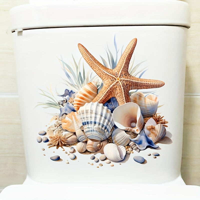 Waterproof toilet sticker with oceanic design: starfish and seashell, self-adhesive PVC, matte finish. Perfect for bathroom decor, easy application on tank and lid. Great Christmas or Halloween gift decoration.