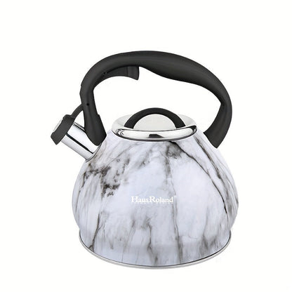 The HausRoland Stainless Steel Whistling Tea Kettle features a 3L capacity and is compatible with stovetops. It has an audible whistle, heat-resistant handle, and does not require electricity for use.